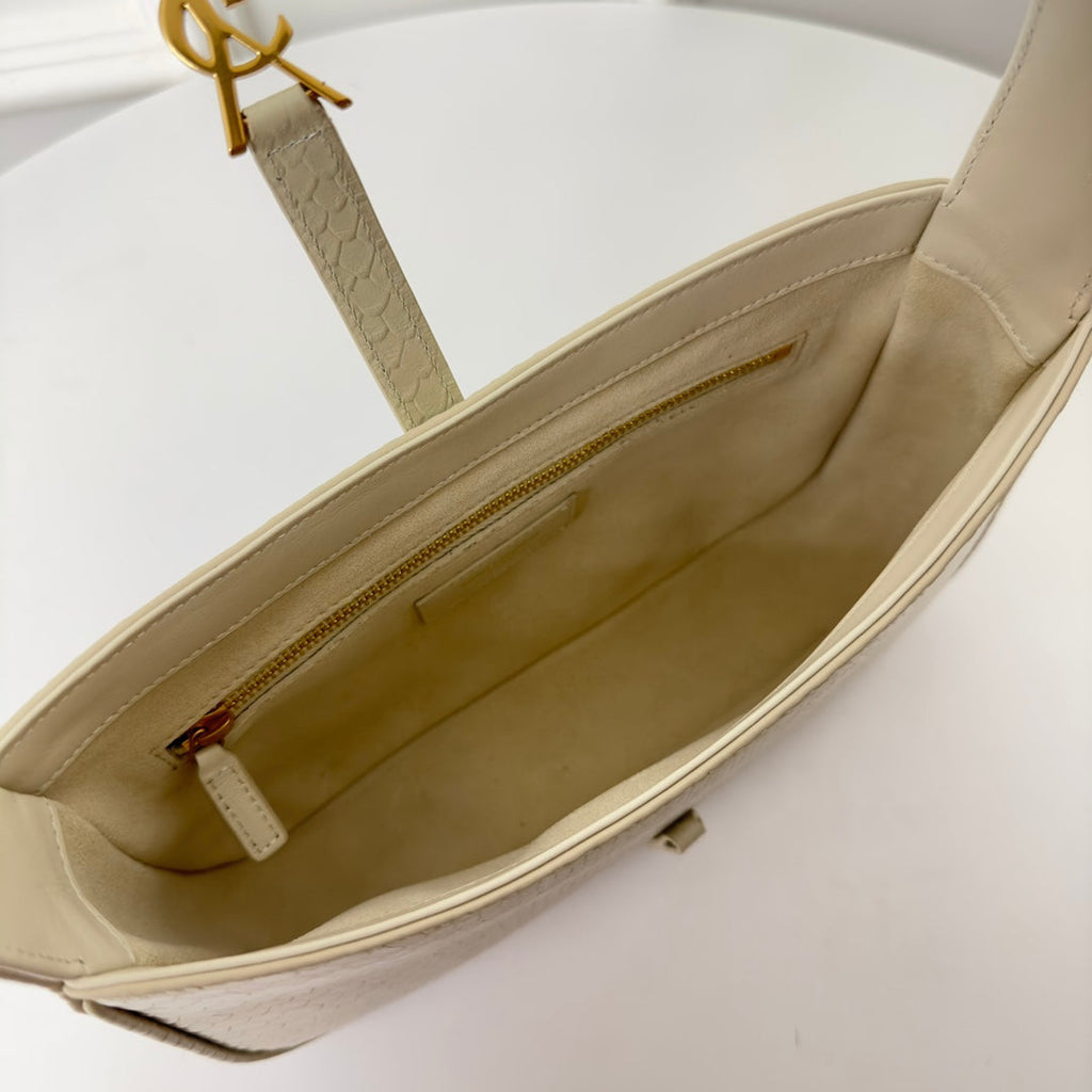 SAINT LAURENT LE 5 À 7 HANDBAG 24 IN SNAKE PATTERN WHITE CALFSKIN