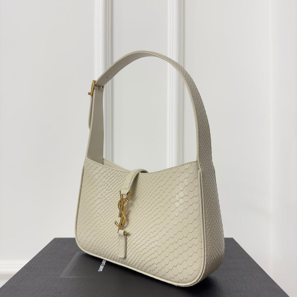 SAINT LAURENT LE 5 À 7 HANDBAG 24 IN SNAKE PATTERN WHITE CALFSKIN