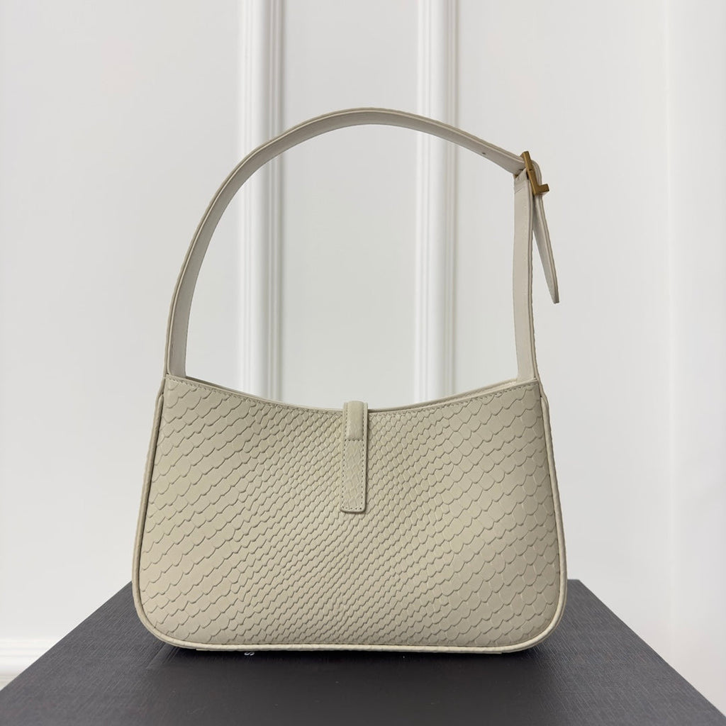 SAINT LAURENT LE 5 À 7 HANDBAG 24 IN SNAKE PATTERN WHITE CALFSKIN