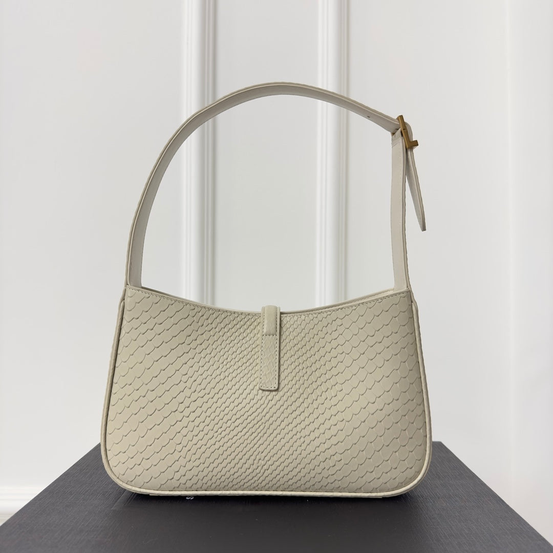 SAINT LAURENT LE 5 À 7 HANDBAG 24 IN SNAKE PATTERN WHITE CALFSKIN