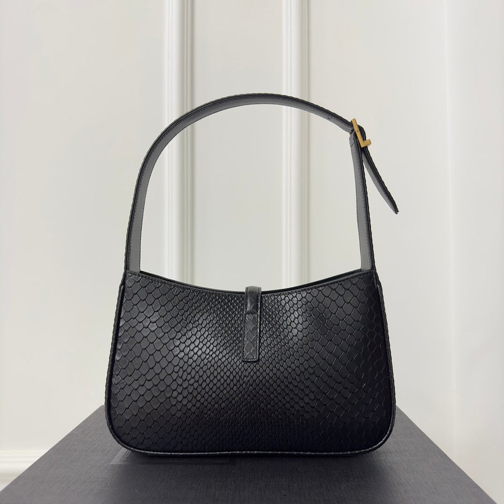 SAINT LAURENT LE 5 À 7 HANDBAG 24 IN SNAKE PATTERN BLACK CALFSKIN