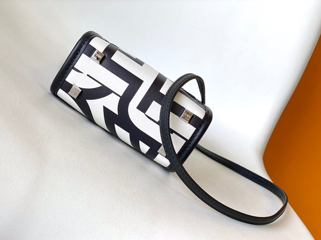 FENDI MINI SUNSHINE SHOPPER BAG 18 IN WHITE MIX BLACK SMOOTH CALFSKIN