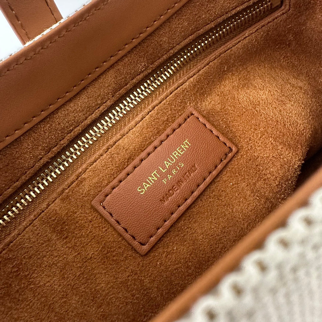 SAINT LAURENT LE 5 À 7 BAG 23 WHITE BROWN CANVAS WITH CALFSKIN
