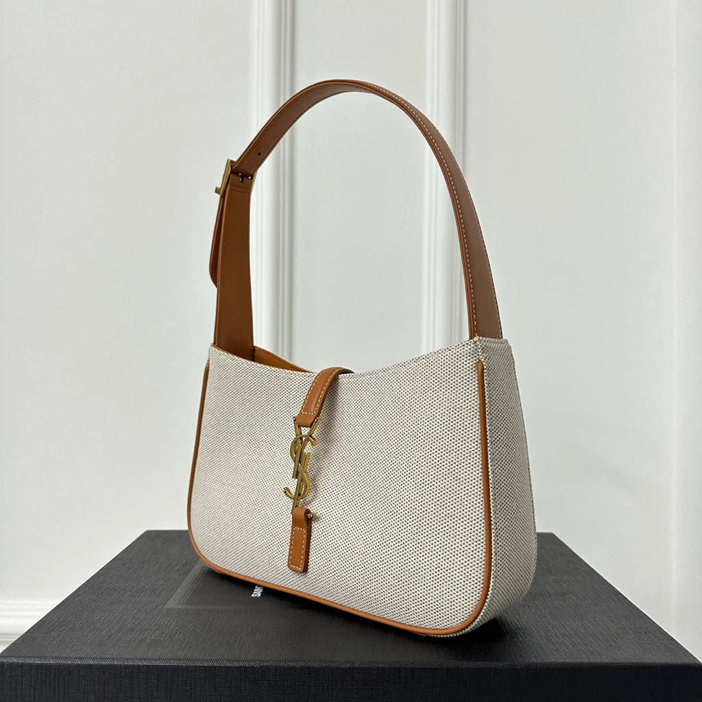 SAINT LAURENT LE 5 À 7 BAG 23 WHITE BROWN CANVAS WITH CALFSKIN