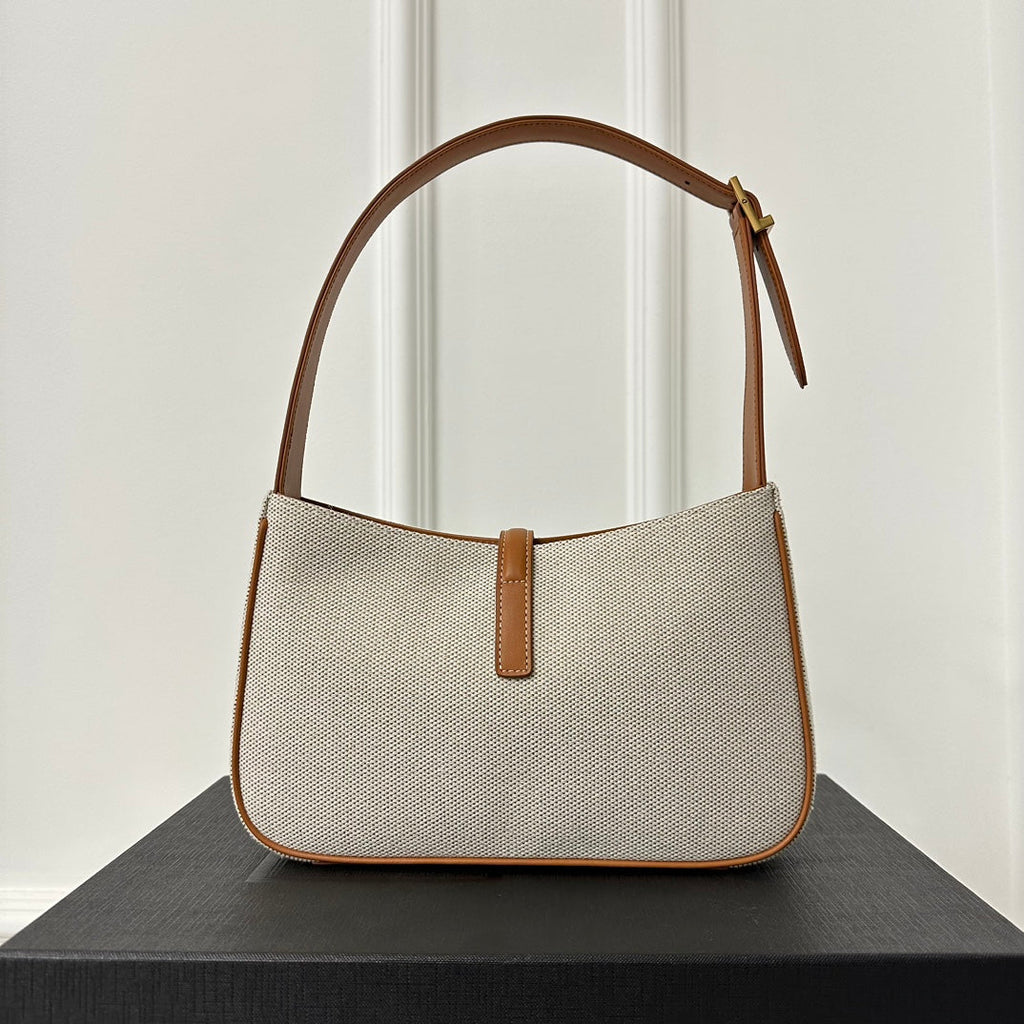 SAINT LAURENT LE 5 À 7 BAG 23 WHITE BROWN CANVAS WITH CALFSKIN