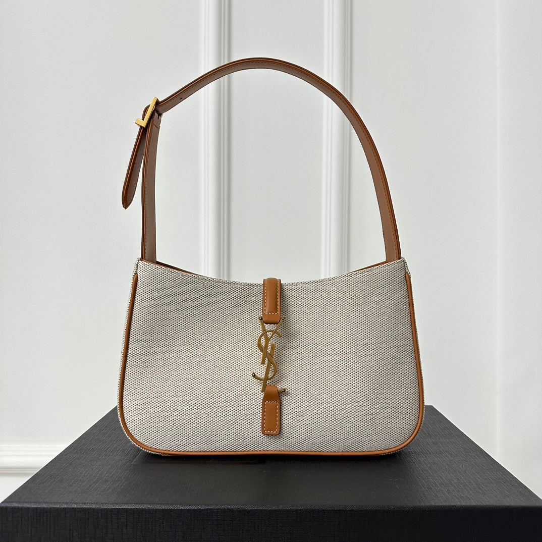 SAINT LAURENT LE 5 À 7 BAG 23 WHITE BROWN CANVAS WITH CALFSKIN