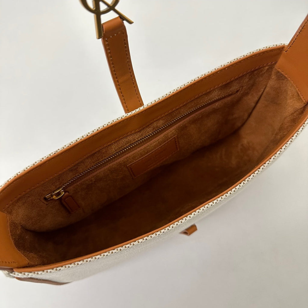 SAINT LAURENT LE 5 À 7 BAG 23 WHITE BROWN CANVAS WITH CALFSKIN