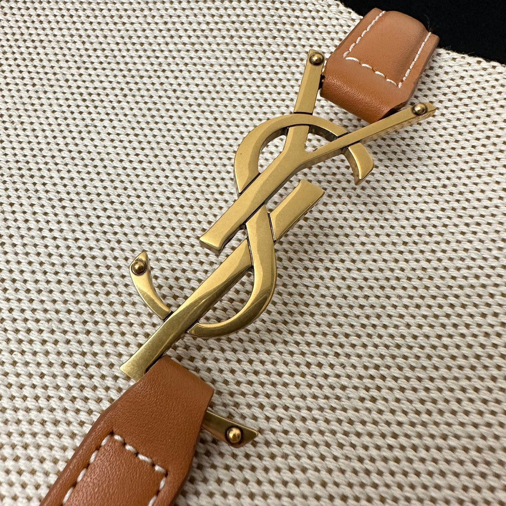 SAINT LAURENT LE 5 À 7 BAG 23 WHITE BROWN CANVAS WITH CALFSKIN