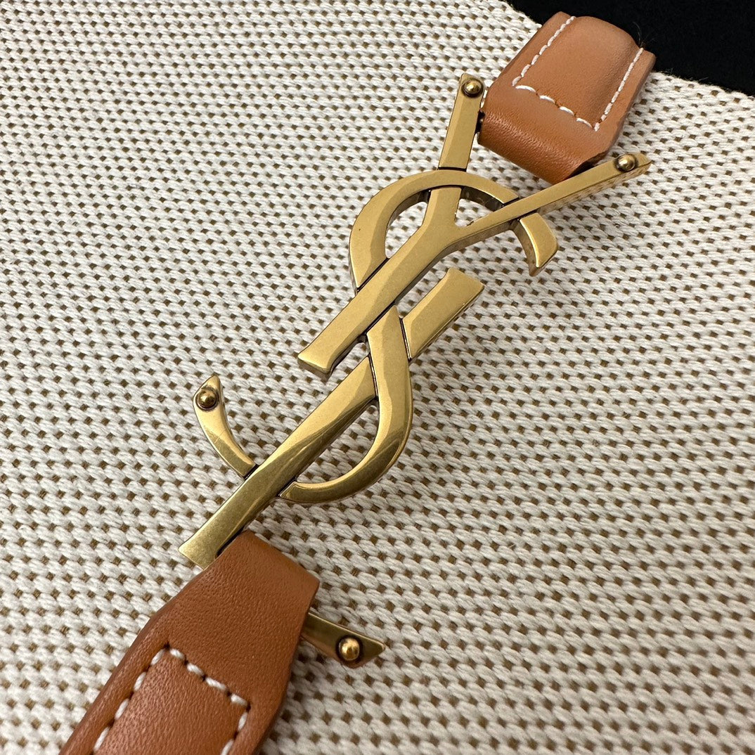 SAINT LAURENT LE 5 À 7 BAG 23 WHITE BROWN CANVAS WITH CALFSKIN