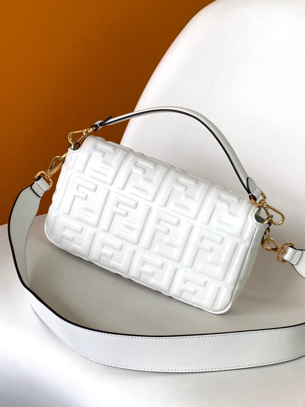 FENDI Fend Baguette 27 Bag With FF Motif White Leather Ghw