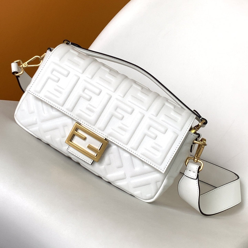 FENDI Fend Baguette 27 Bag With FF Motif White Leather Ghw