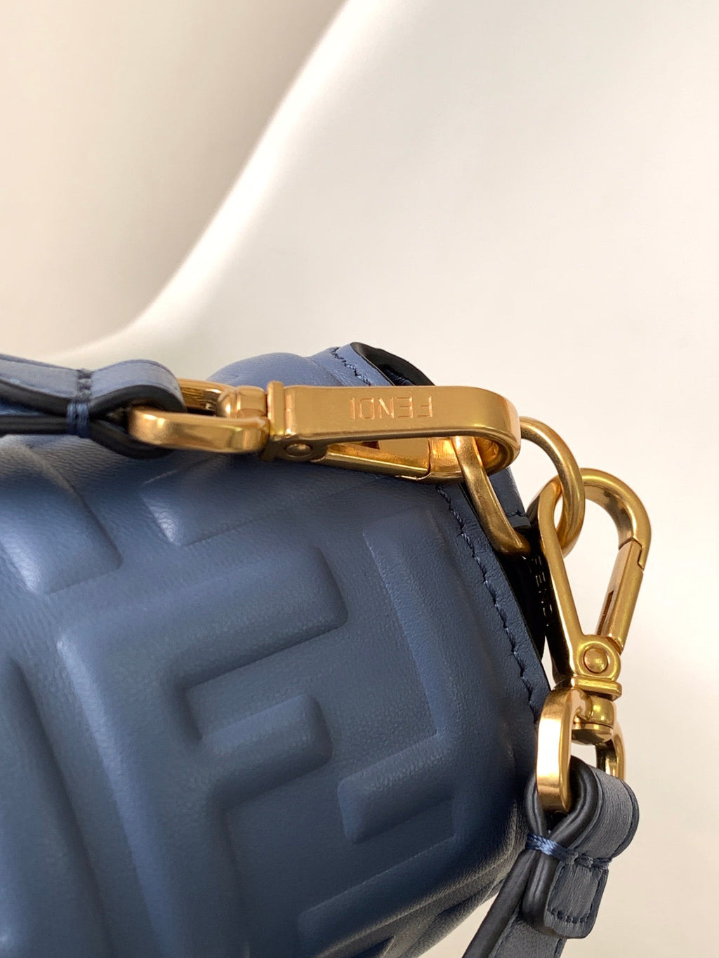 FENDI Fend Baguette 27 Bag With FF Motif Blue Leather Ghw