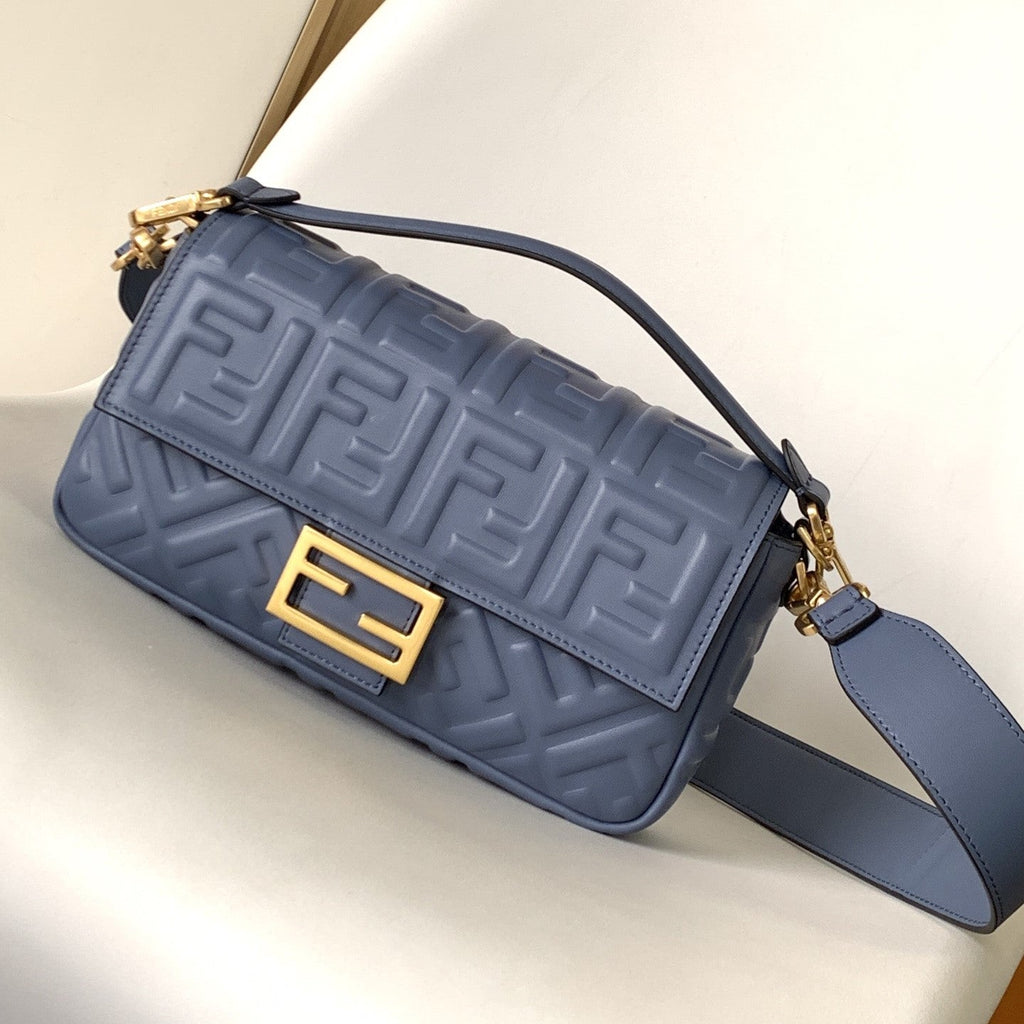 FENDI Fend Baguette 27 Bag With FF Motif Blue Leather Ghw