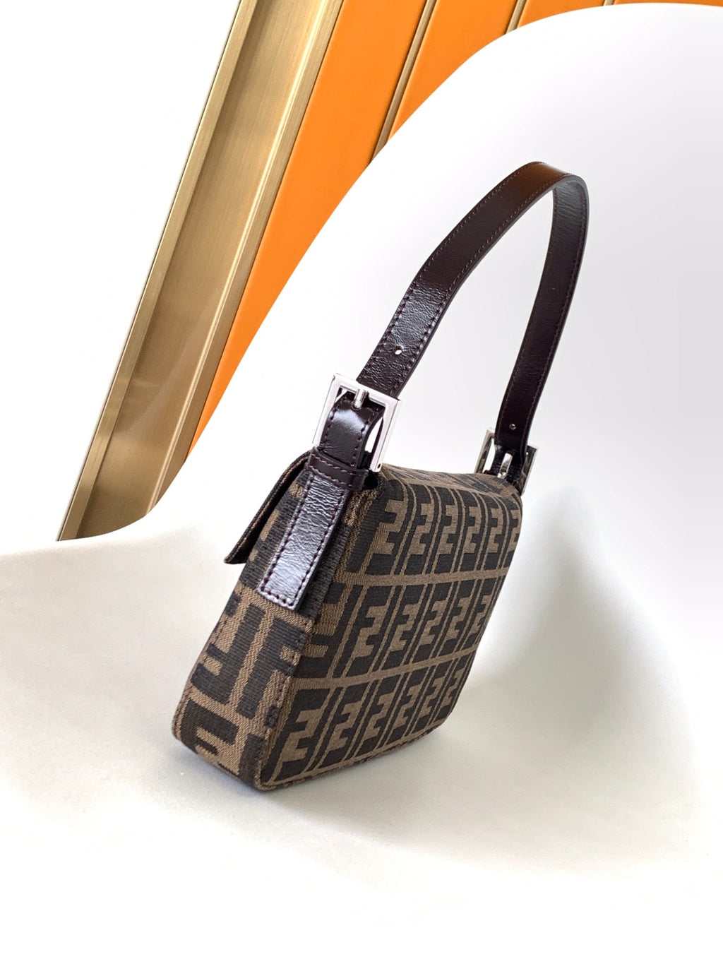 FENDI Fend Baguette 27 Shoulder Bag Brown FF Jacquard Fabric Bag Shw