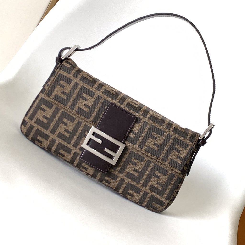 FENDI Fend Baguette 27 Shoulder Bag Brown FF Jacquard Fabric Bag Shw