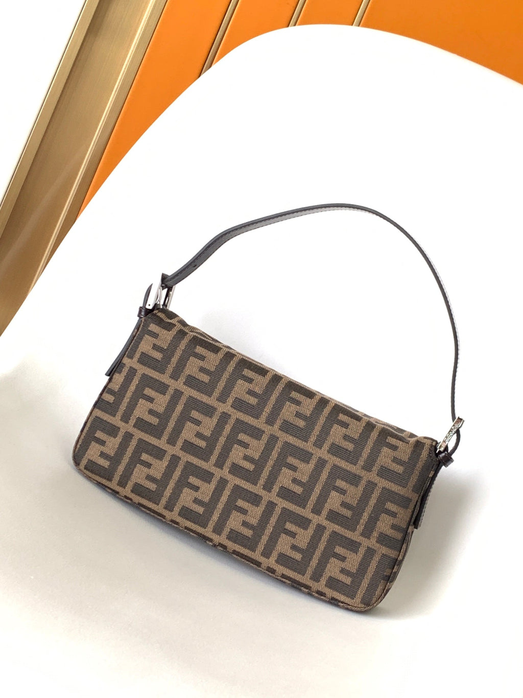 FENDI Fend Baguette 27 Shoulder Bag Brown FF Jacquard Fabric Bag Shw