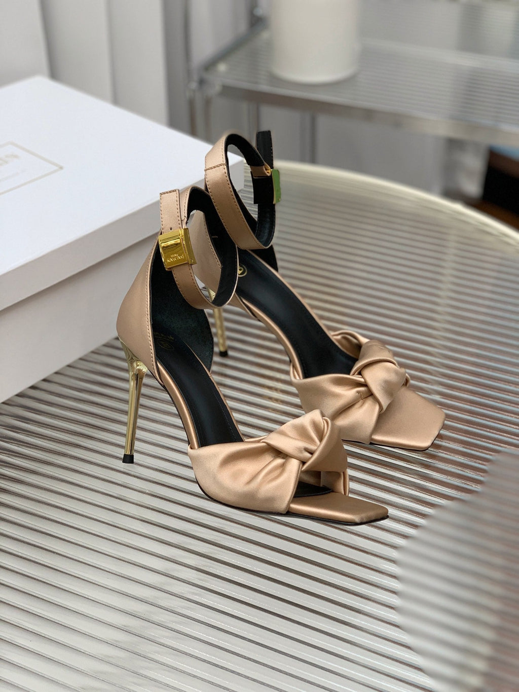 BALMAIN 25S KNOTTED HIGH HEELS 95MM IN LIGHT CARAMEL SATIN