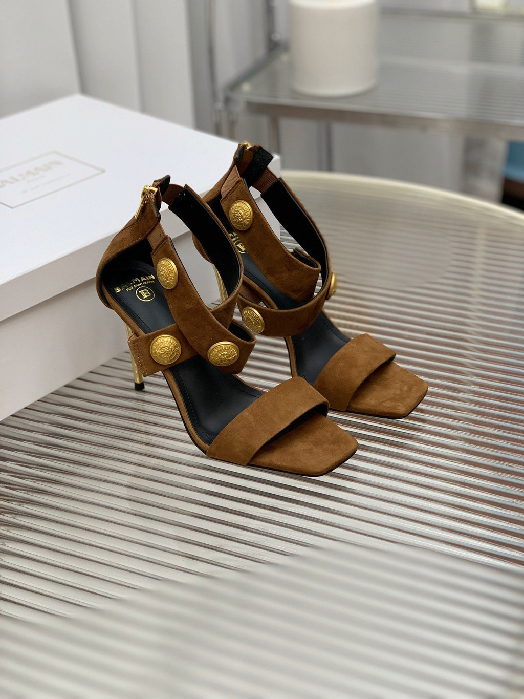 BALMAIN 25S CROSSOVER STRAP HIGH HEELS 95MM IN BROWN SUEDE