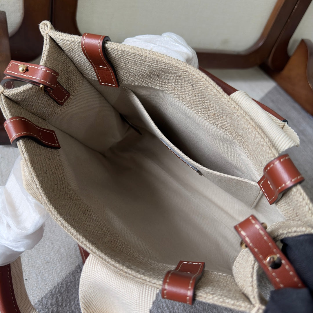 CHLOE MY MELODY SMALL WOODY TOTE BAG 26.5 IN NATURAL FIBERS BEIGE WEBBING BROWN CALFSKIN