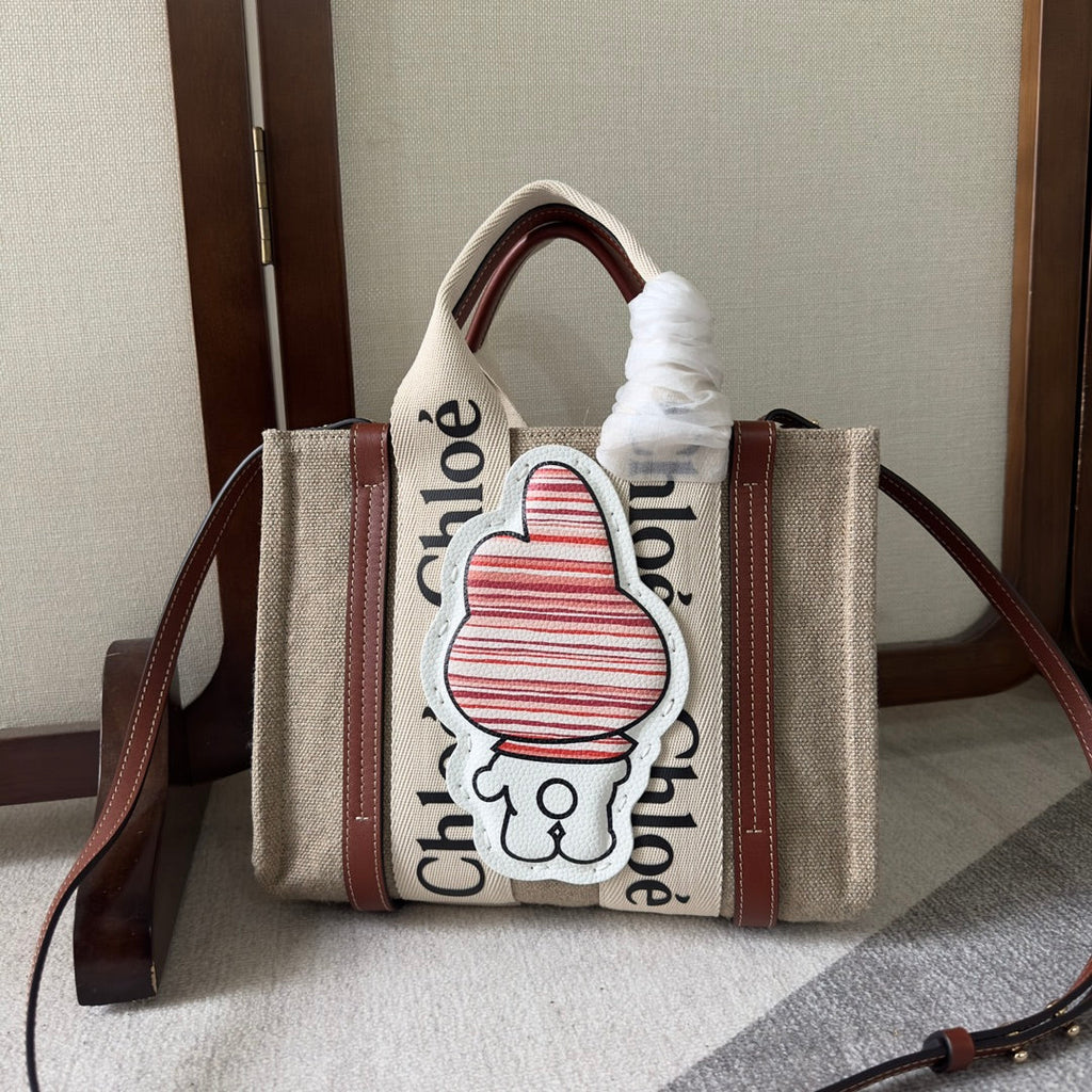 CHLOE MY MELODY SMALL WOODY TOTE BAG 26.5 IN NATURAL FIBERS BEIGE WEBBING BROWN CALFSKIN