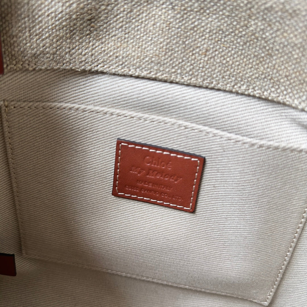 CHLOE MY MELODY SMALL WOODY TOTE BAG 26.5 IN NATURAL FIBERS BEIGE WEBBING BROWN CALFSKIN