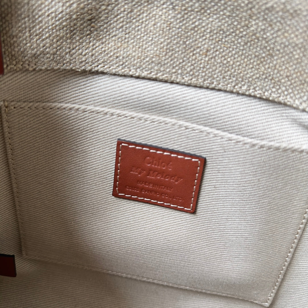 CHLOE MY MELODY SMALL WOODY TOTE BAG 26.5 IN NATURAL FIBERS BEIGE WEBBING BROWN CALFSKIN