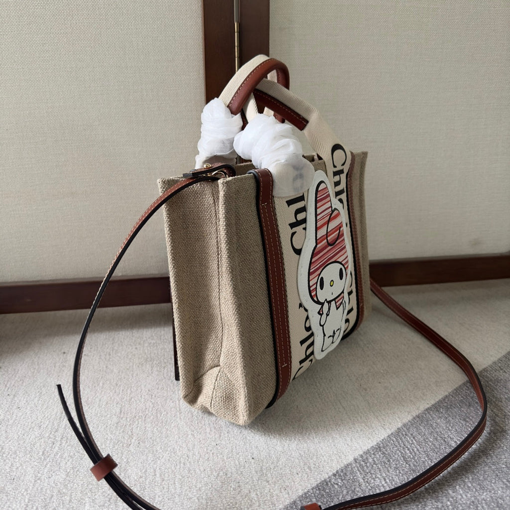 CHLOE MY MELODY SMALL WOODY TOTE BAG 26.5 IN NATURAL FIBERS BEIGE WEBBING BROWN CALFSKIN