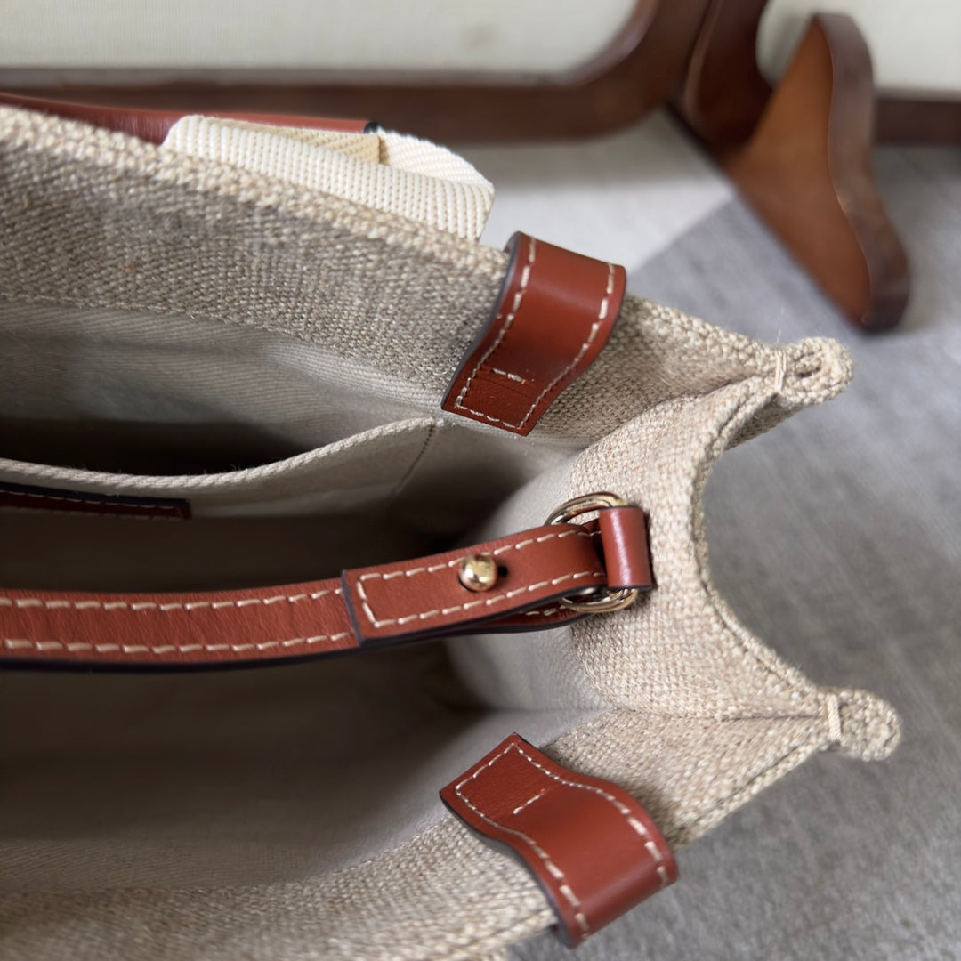 CHLOE MY MELODY SMALL WOODY TOTE BAG 26.5 IN NATURAL FIBERS BEIGE WEBBING BROWN CALFSKIN