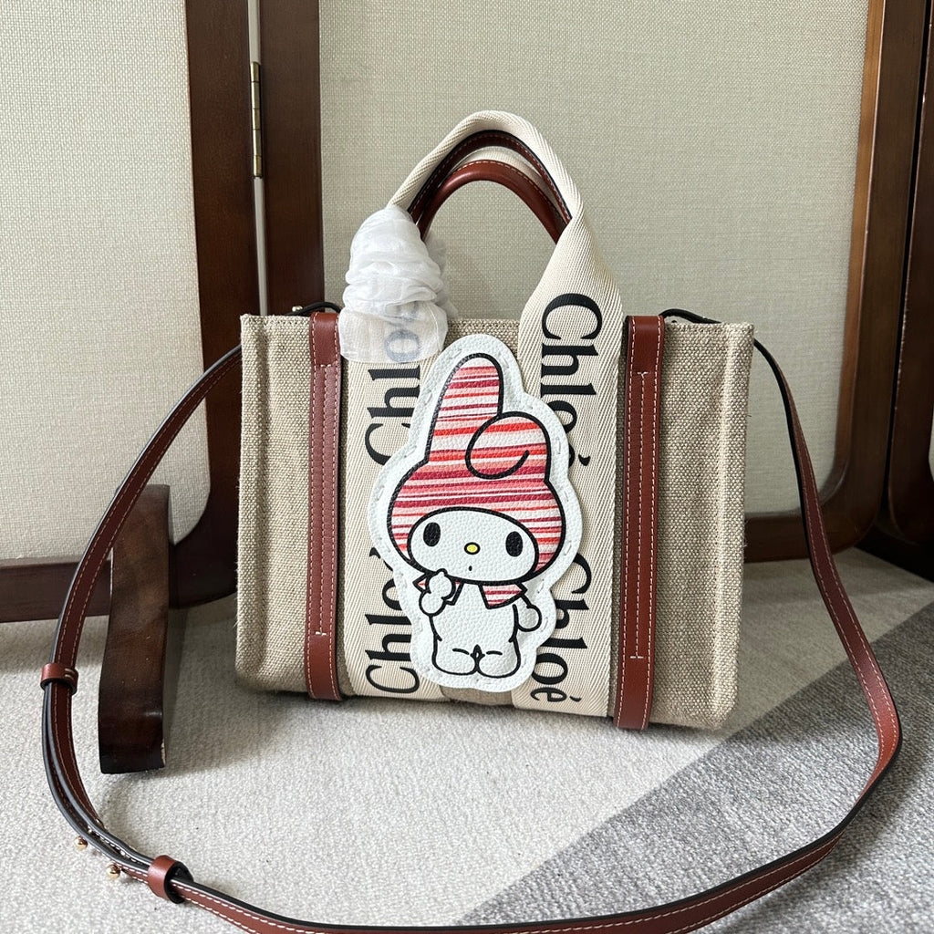 CHLOE MY MELODY SMALL WOODY TOTE BAG 26.5 IN NATURAL FIBERS BEIGE WEBBING BROWN CALFSKIN