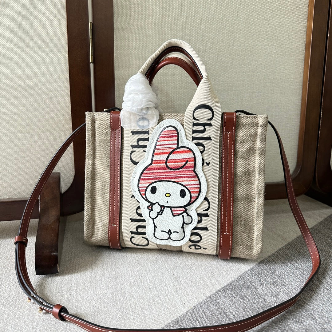 CHLOE MY MELODY SMALL WOODY TOTE BAG 26.5 IN NATURAL FIBERS BEIGE WEBBING BROWN CALFSKIN