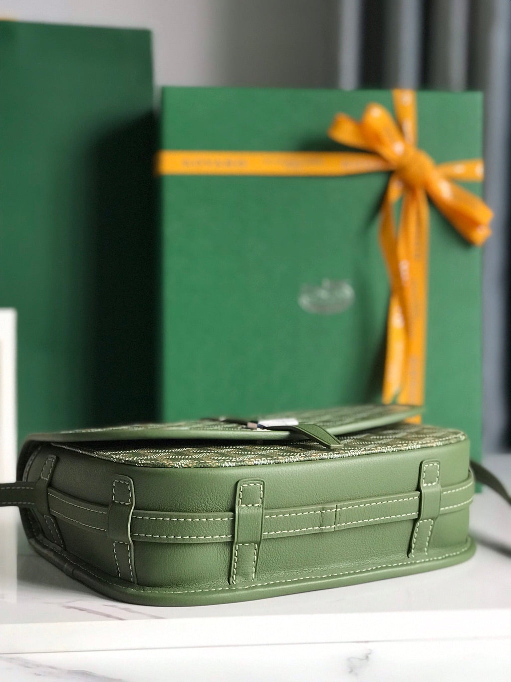 GOYARD BELVEDERE MM BAG 21 IN GREEN GOYARDINE CANVAS AND CALFSKIN