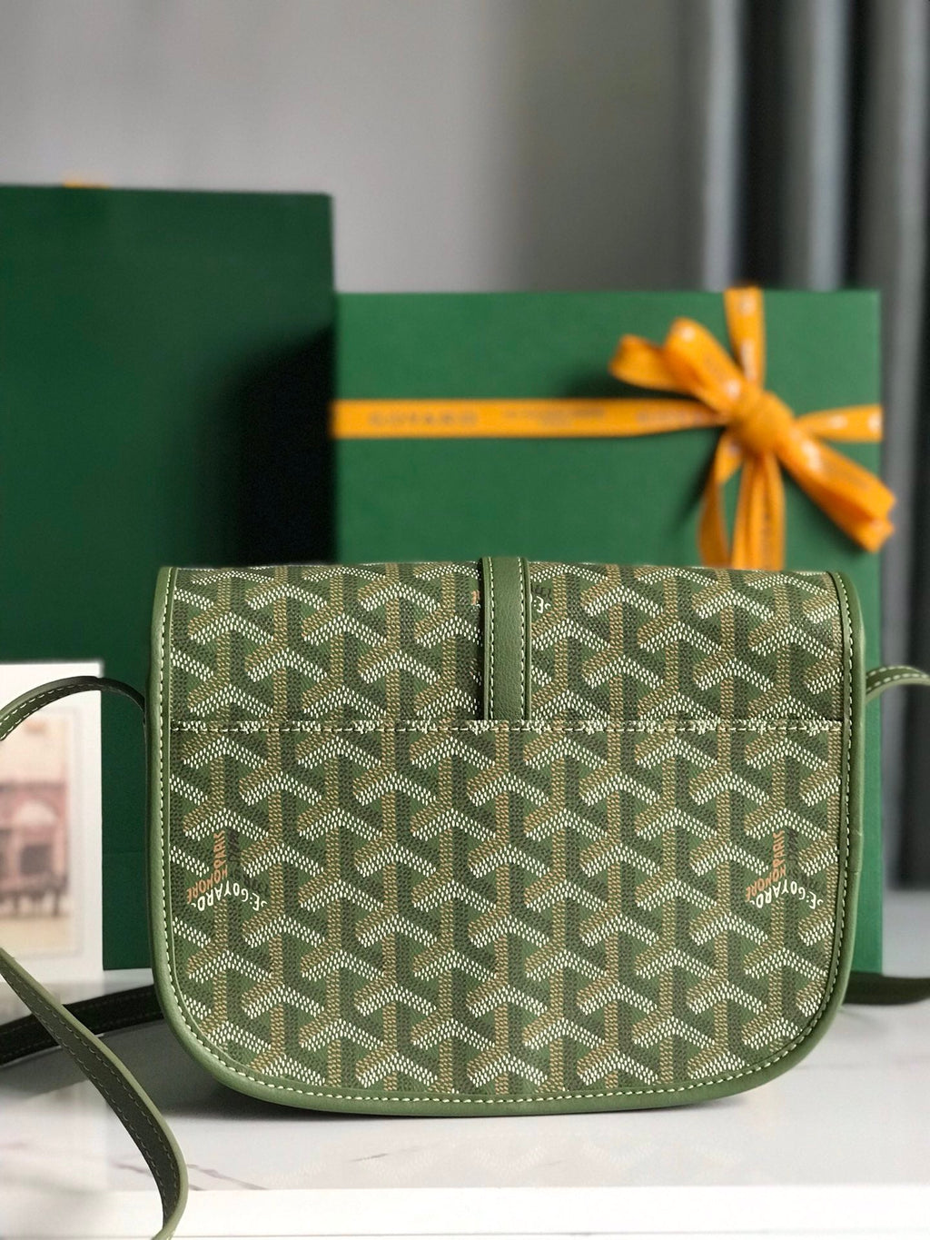 GOYARD BELVEDERE MM BAG 21 IN GREEN GOYARDINE CANVAS AND CALFSKIN
