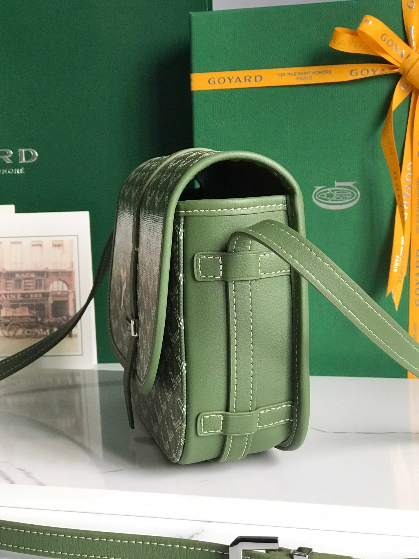 GOYARD BELVEDERE MM BAG 21 IN GREEN GOYARDINE CANVAS AND CALFSKIN