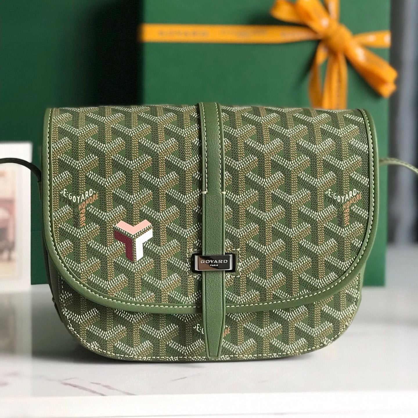 GOYARD BELVEDERE MM BAG 21 IN GREEN GOYARDINE CANVAS AND CALFSKIN
