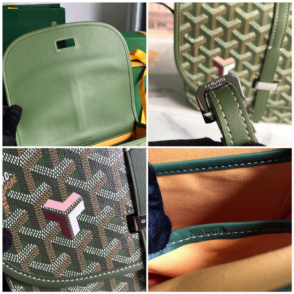 GOYARD BELVEDERE MM BAG 21 IN GREEN GOYARDINE CANVAS AND CALFSKIN