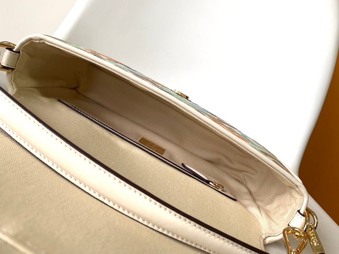 FENDI Fend Baguette White and Multicolour Canvas Bag 27 with FF Embroidery Ghw