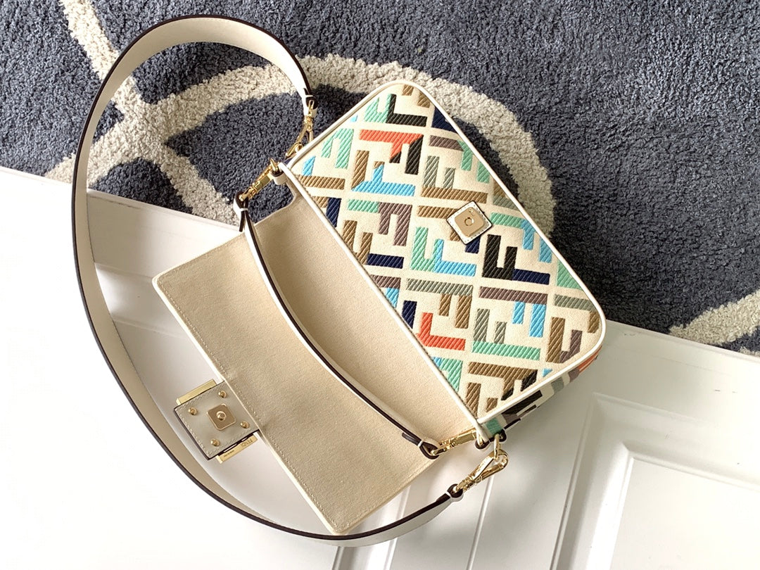 FENDI Fend Baguette White and Multicolour Canvas Bag 27 with FF Embroidery Ghw