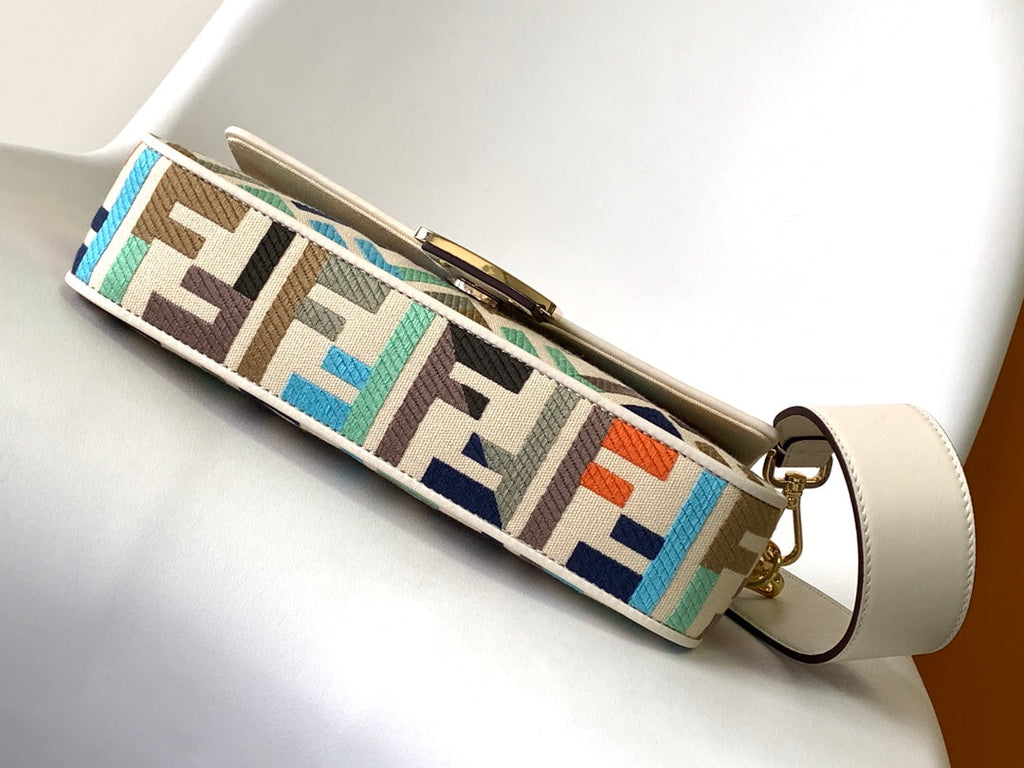 FENDI Fend Baguette White and Multicolour Canvas Bag 27 with FF Embroidery Ghw