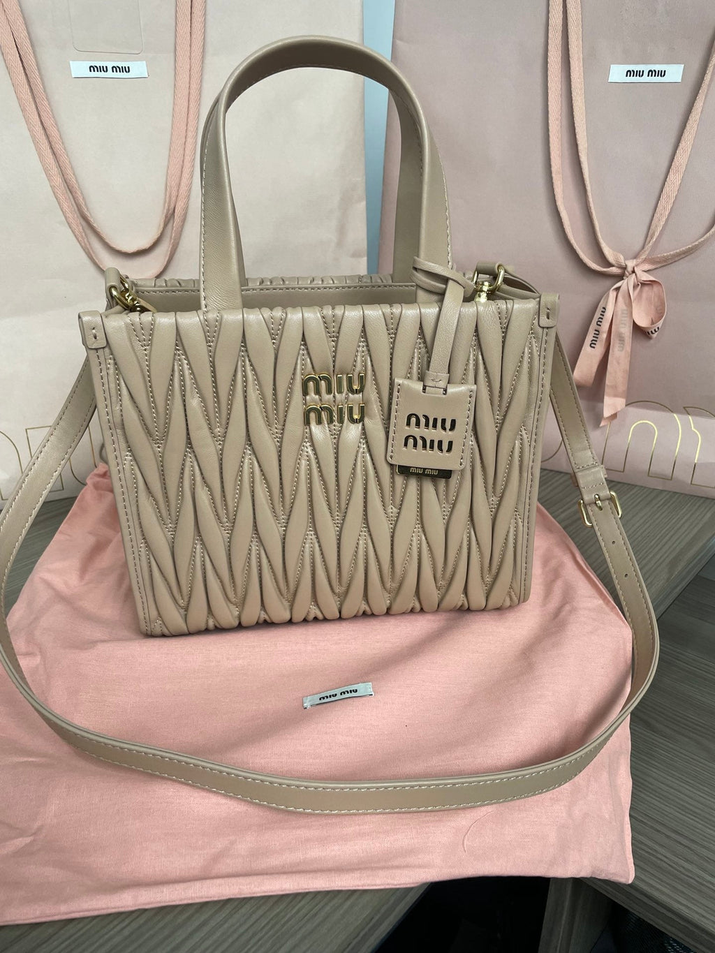 MIU MIU MATELASSÉ TOTE BAG 24 IN BEIGE LAMBSKIN