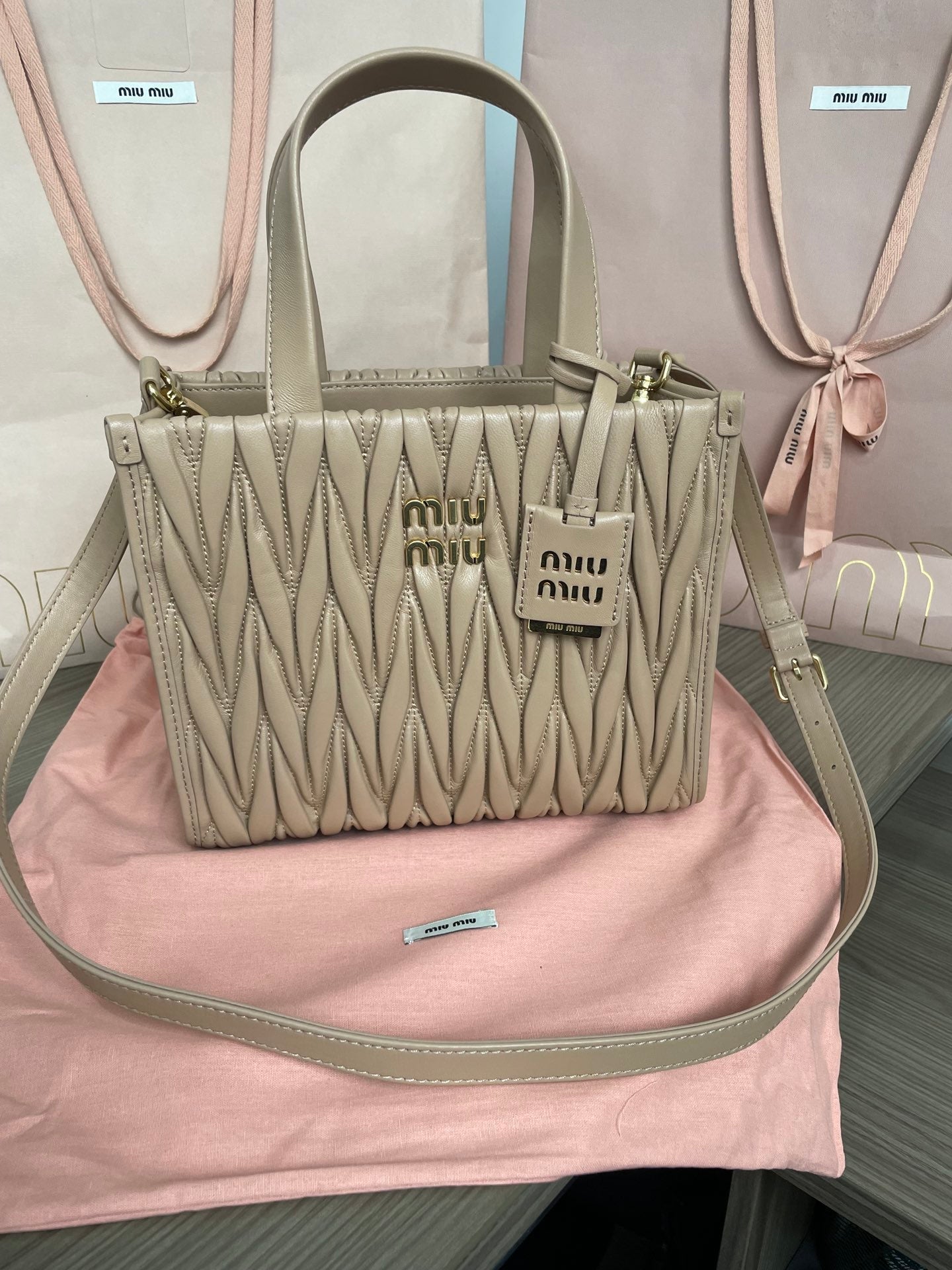 MIU MIU MATELASSÉ TOTE BAG 24 IN BEIGE LAMBSKIN