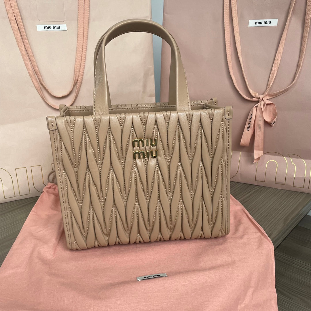 MIU MIU MATELASSÉ TOTE BAG 24 IN BEIGE LAMBSKIN