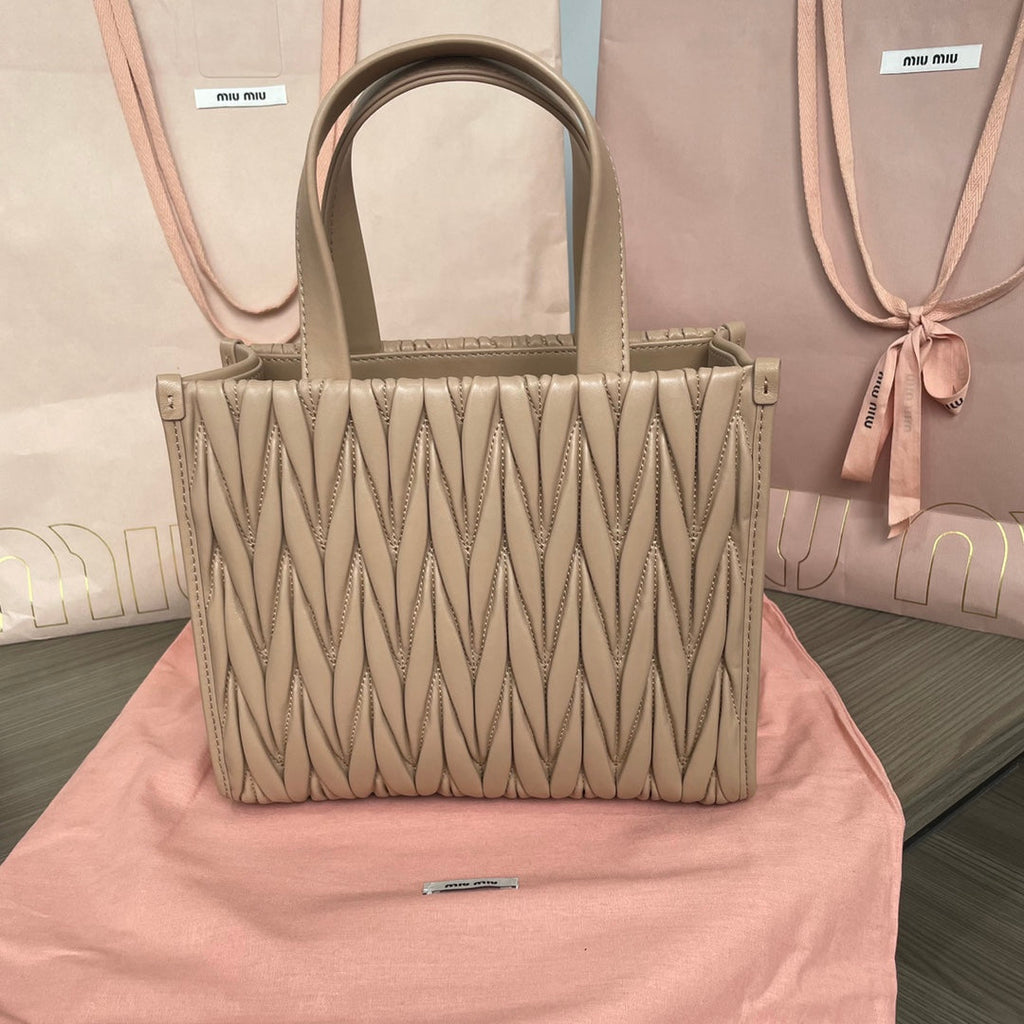 MIU MIU MATELASSÉ TOTE BAG 24 IN BEIGE LAMBSKIN
