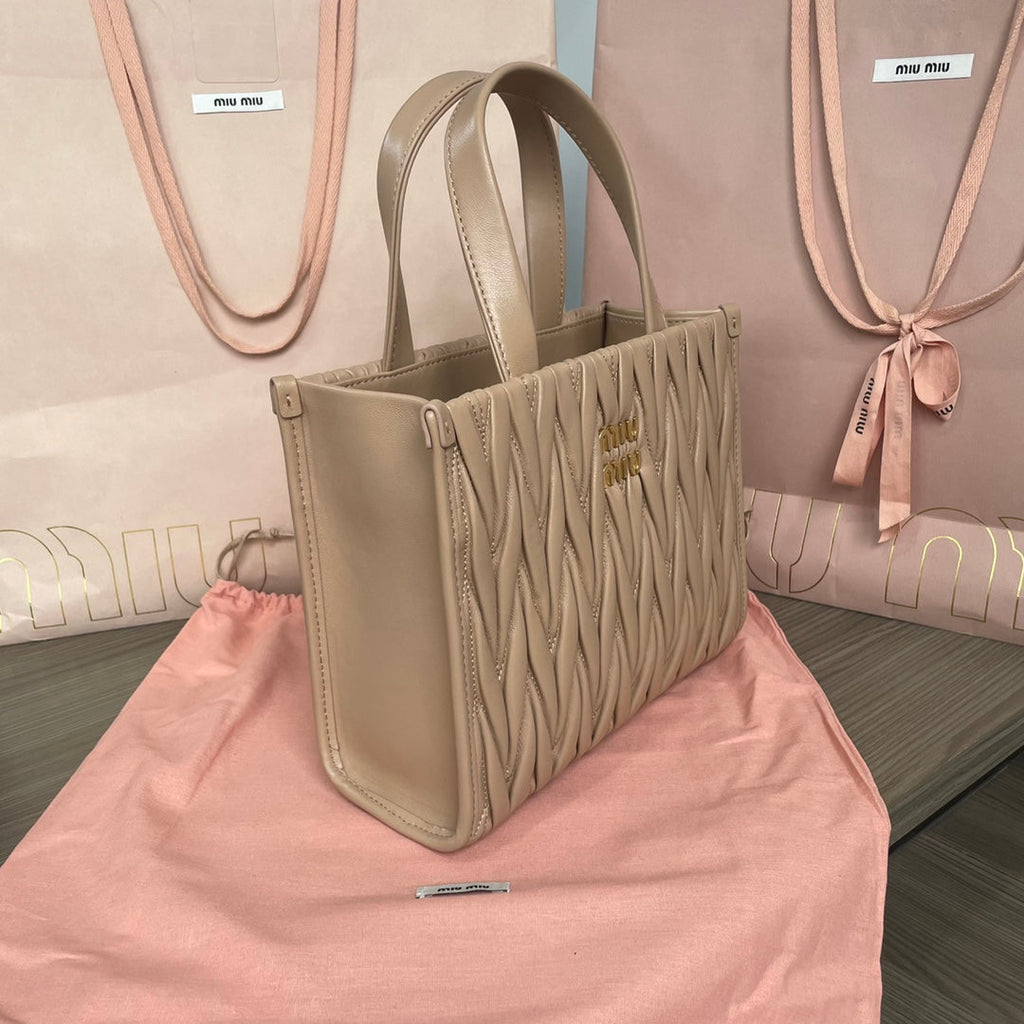 MIU MIU MATELASSÉ TOTE BAG 24 IN BEIGE LAMBSKIN