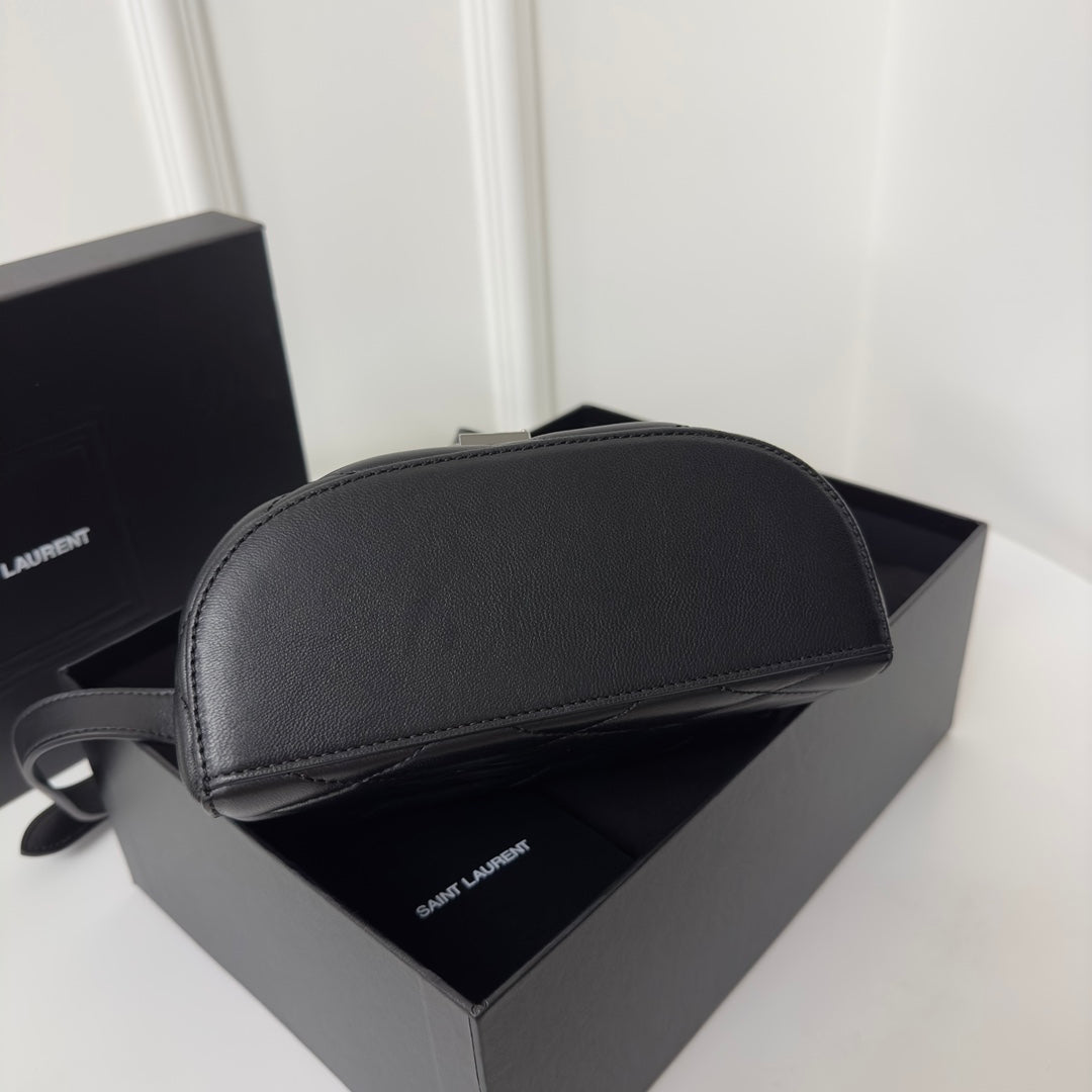 SAINT LAURENT JUNE 19 BLACK QUILTED LAMBSKIN WITH SILVER LOGO BOX BAG
