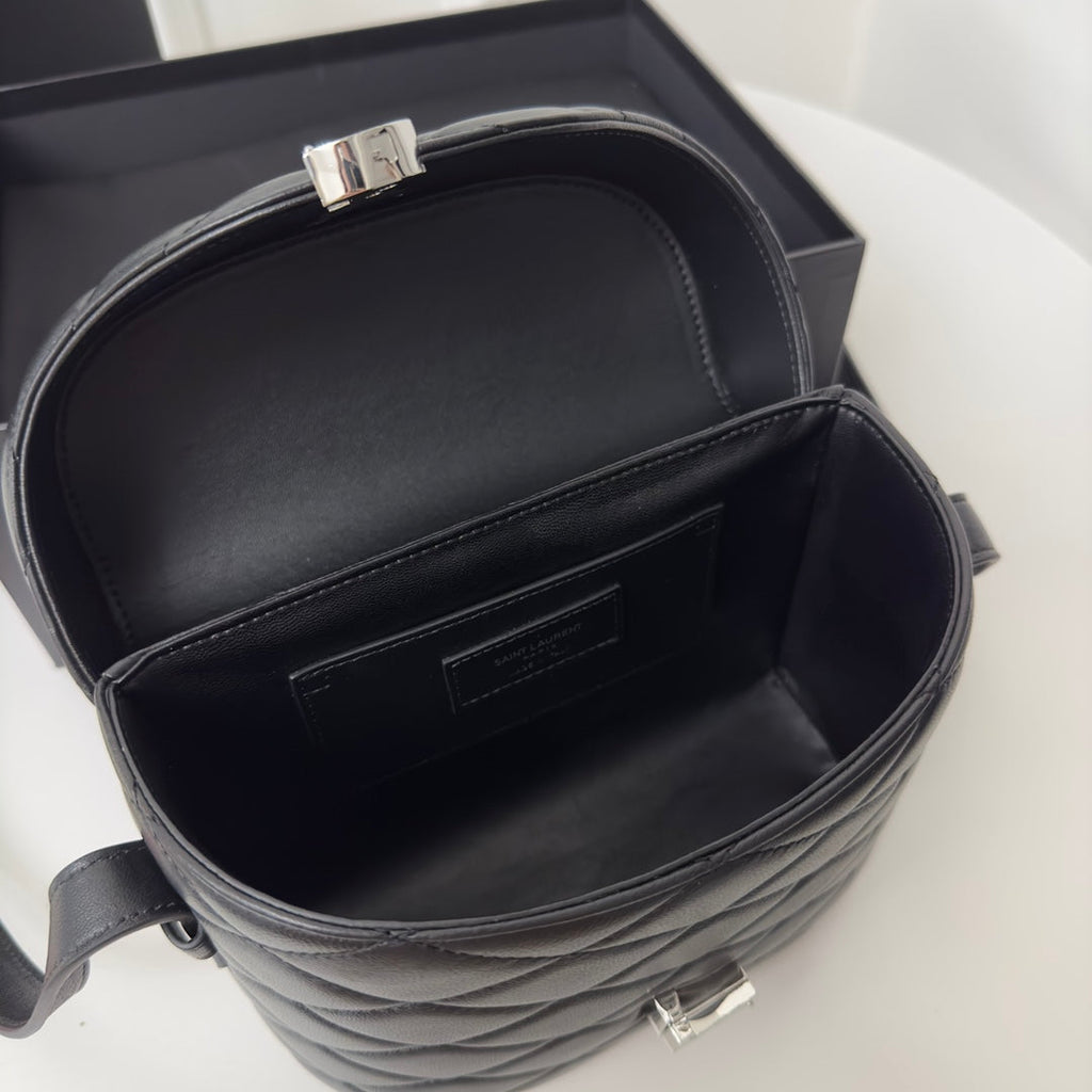 SAINT LAURENT JUNE 19 BLACK QUILTED LAMBSKIN WITH SILVER LOGO BOX BAG