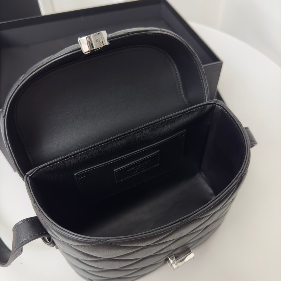SAINT LAURENT JUNE 19 BLACK QUILTED LAMBSKIN WITH SILVER LOGO BOX BAG