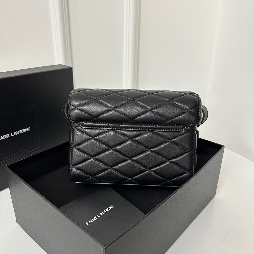 SAINT LAURENT JUNE 19 BLACK QUILTED LAMBSKIN WITH SILVER LOGO BOX BAG