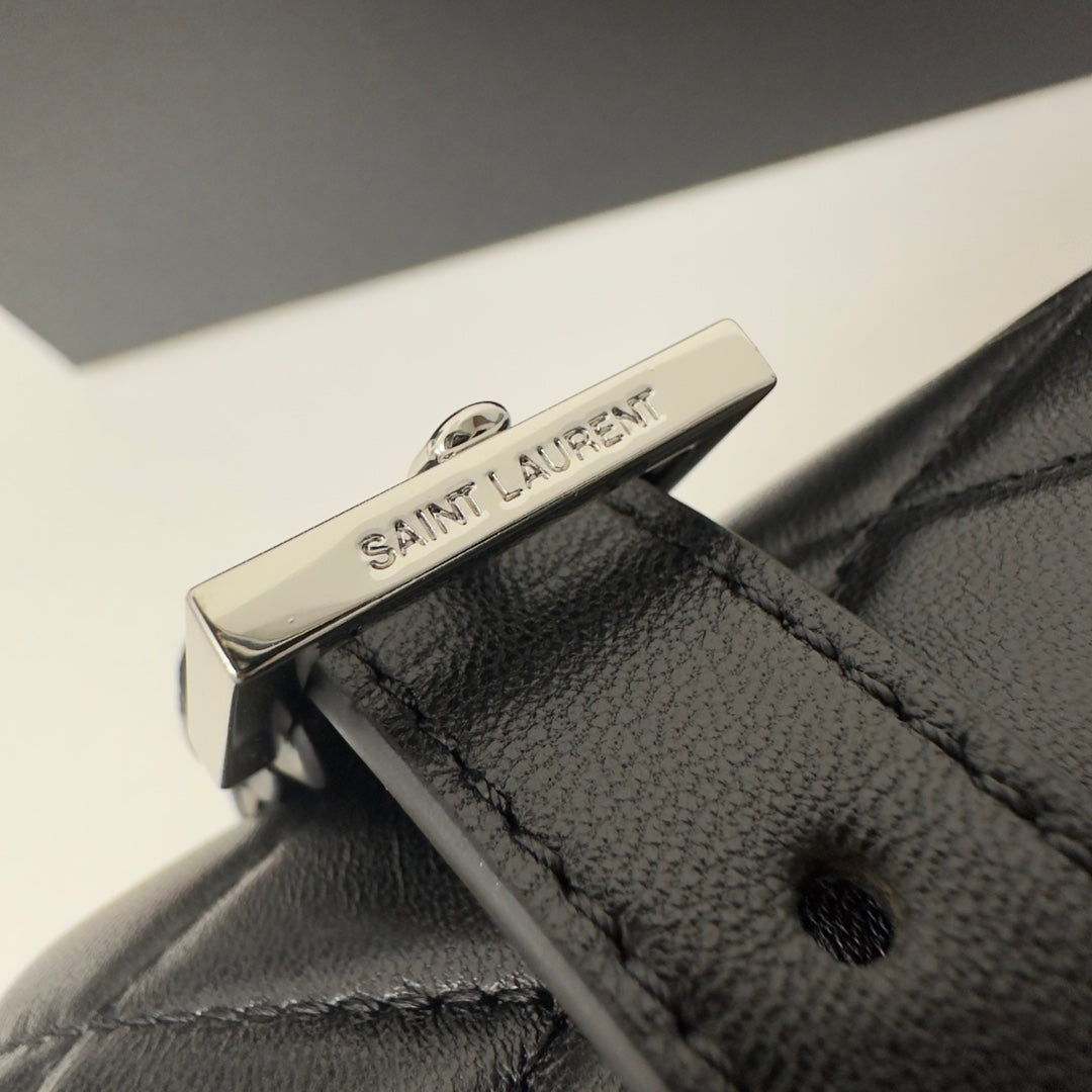 SAINT LAURENT JUNE 19 BLACK QUILTED LAMBSKIN WITH SILVER LOGO BOX BAG