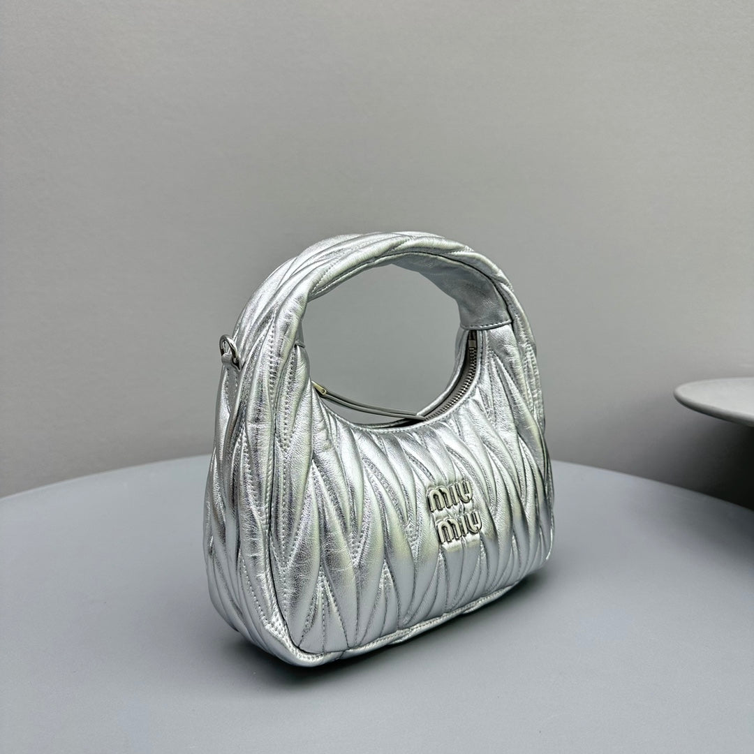 MIU MIU MINI HOBO 20 BAG IN SILVER SHEEPSKIN