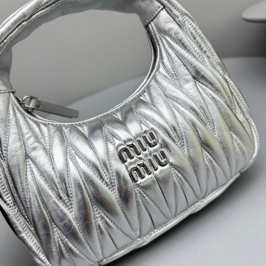 MIU MIU MINI HOBO 20 BAG IN SILVER SHEEPSKIN